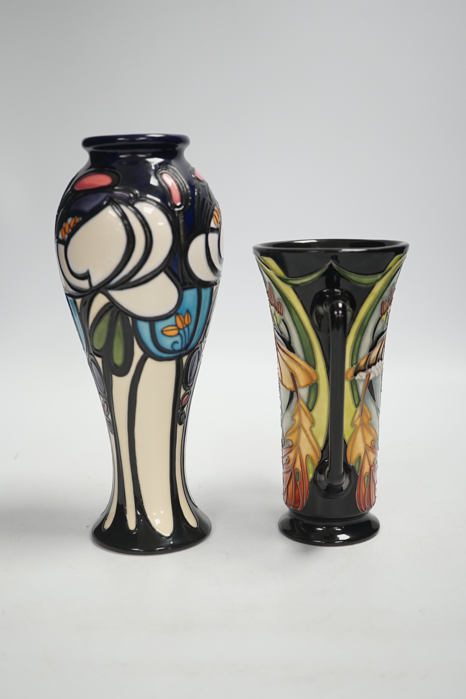 A rare Moorcroft Collector's Club limited edition two handled mushroom and autumn leaf pattern vase by V. Ward? and a ‘Sea Holly’ vase by Emma Bossons, tallest 21cm